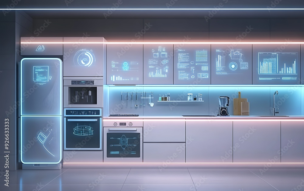 Futuristic kitchen interior with glowing lights and smart appliances ...