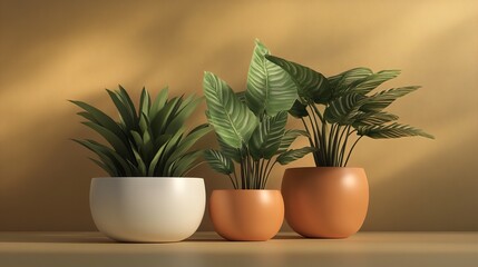 Wall Mural - Three potted plants with green leaves on a wooden table in front of a yellow wall with natural light.