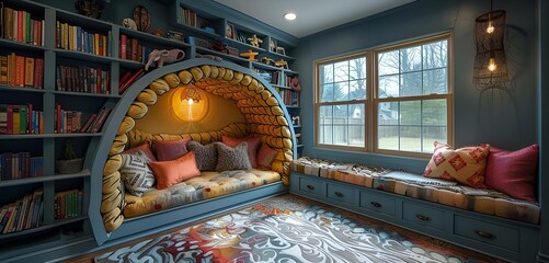 Sticker - A cozy reading nook featuring a bookshelf, a comfortable couch.