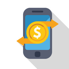 Poster - Mobile banking concept with smartphone transferring money with two arrows around a gold coin