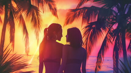 Wall Mural - A romantic moment between two women creates a striking silhouette against a vibrant sunset on a tropical beach, surrounded by lush palm trees and stunning nature that enhances the beauty