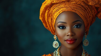 A full-shot of a Nigerian woman in festive or ceremonial attire, such as for a wedding or cultural celebration, isolated on a dark background