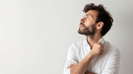 thinking man looking right on white background