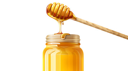  honey jar with a wooden dipper and honey drizzling, isolated on a white background 