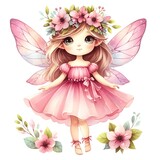 A cute watercolor illustration of a fairy wearing a pink dress and a flower crown