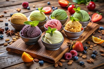 Colorful scoops of creamy ice cream in assorted flavors, garnished with fresh fruits, nuts, and chocolate chips, sit elegantly on a rustic wooden table.