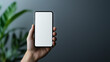 © Jane - hand holding  phone mockup with white screen on dark gray background with green plant