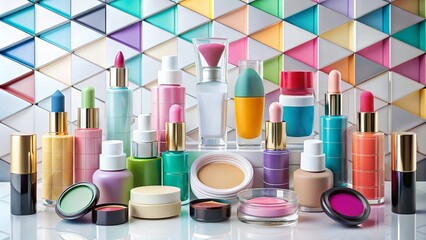 Assorted colorful cosmetic containers, including compacts, tubes, and jars, arranged neatly on a white background, with geometric shapes and lines in the surrounding space.