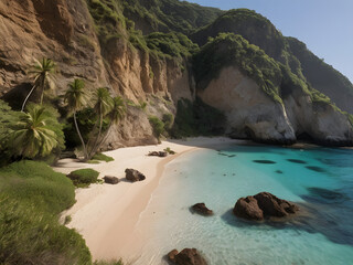 Wall Mural -  A hidden beach cove surrounded by tall cliffs and dense vegetation. The clear, turquoise water gently laps at the sandy shore, and palm trees provide shade along the edges of the beach.