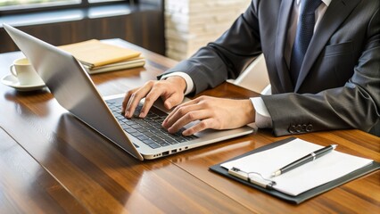 A stenographer's hands rapidly typing on a laptop keyboard during a formal deposition, with legal documents and pens scattered across a wooden conference table.