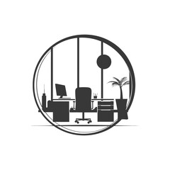 Poster - silhouette of an office space with desk chair and palm tree