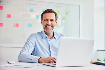 Confident businessman smiling while working on his laptop at a bright office desk