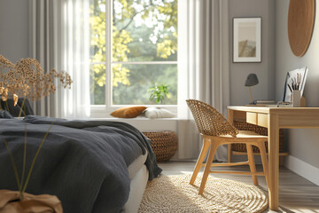 Poster - Cozy bedroom with a desk and a view of the trees.