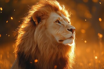 majestic lion portrait with piercing gaze and windswept mane golden hour lighting savanna backdrop and rich warm color tones