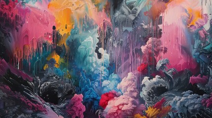 Poster - Vibrant abstract painting with a multitude of colors and textures that could be interpreted as a dynamic, swirling mass of clouds
