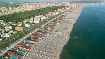 Poster - Panoramic aerial view of Lido di Camaiore and Viareggio shoreline in summer season