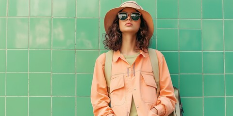 A woman wearing a yellow jacket and a straw hat is standing in front of a green wall. She is wearing sunglasses and a necklace