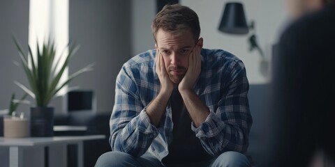 A man is sitting on a couch with his head on his hands. He looks sad and is staring off into the distance