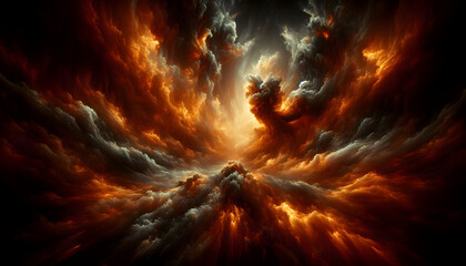 Poster - Inferno Sky: A fiery abstract sky with dramatic clouds in shades of orange, red, and gray. The chaotic and dynamic composition evokes a sense of power, passion, and the untamed forces of nature. 