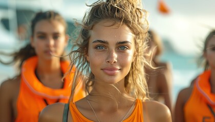 Poster - A young woman leads a group of volunteers in a beach cleanup effort.