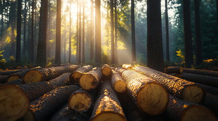 Wall Mural - Sunbeams Illuminating Fallen Logs in a Forest.