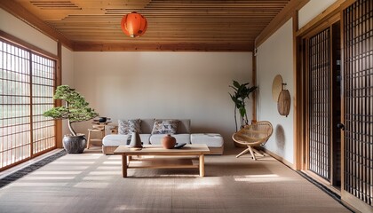 Wall Mural - Modern Japanese Style Living Room Interior Design With Wooden Beams And Natural Light