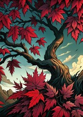 Wall Mural - Vibrant red maple leaves on a twisting tree.