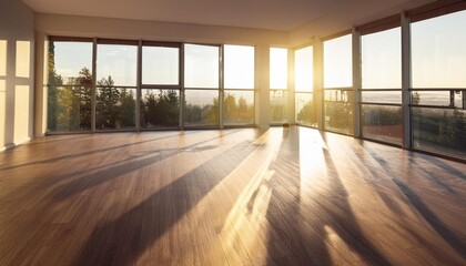 Wall Mural - Sunlight Streaming Through Large Windows in Empty Apartment