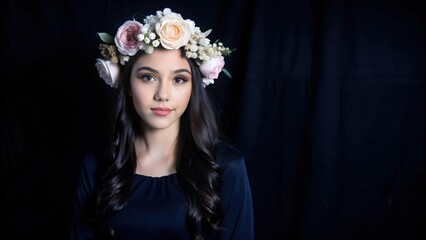 Poster - Young Woman with Flower Crown Against a Black Background