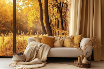 Wall Mural - Modern Living Room with Sofa and Wall Art in Rich Brown, Golden Yellow, and Warm Beige Palette