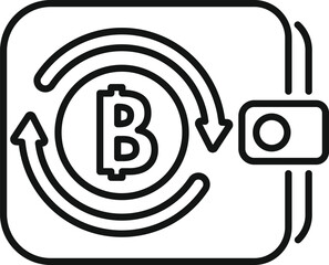 Poster - Line art vector icon of bitcoin rotating inside a digital wallet, representing the concept of cryptocurrency transactions