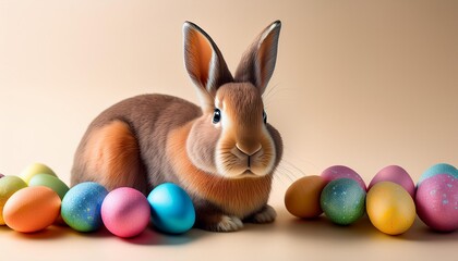 Colorful easter bunny and eggs sitting on beige background for easter celebration and festive decorations