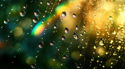 Poster - Water Drops on a Window with a Rainbow and Bokeh Background