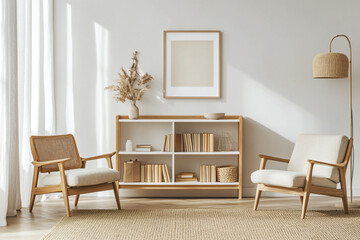 Poster - Cozy Living Room with Armchairs, Bookshelf, and Dried Flowers.