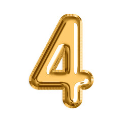 English Number 4 in gold foil balloon isolated on transparent background PNG, 3d golden alphabet
