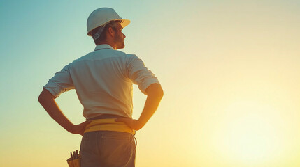 A builder in a helmet stands with his back and looks into the distance. Construction industry. Head of the section. General contractor