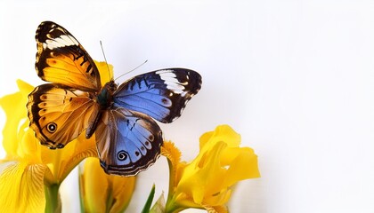 Wall Mural - Beautiful Colorful Butterfly Resting on Vibrant Yellow Iris Flowers with Copy Space on White Background Nature's Beauty and Serenity Captured in this Stunning Image