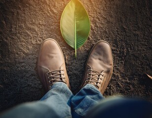 Leaf with foot connection between nature and travel exploration in business and art