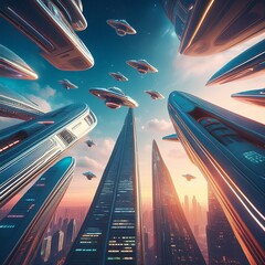 Wall Mural - Futuristic Cityscape with Skyscrapers and Space Ships in the Sky, Urban Travel and Technology Concept