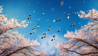 Wall Mural - Cherry blossoms and music notes floating in the air against a blue sky harmony of nature and music in travel and art