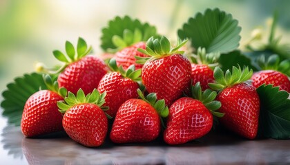 Ripe juicy strawberries with fresh green leaves, summertime fruit harvest for healthy eating and nutrition