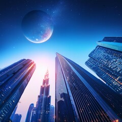 Futuristic cityscape with skyscrapers and urban landscape in downtown district travel and business destination conceptgalaxy view of modern city with urban skyline and highrise buildings in downtown