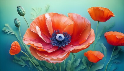 Floral beauty vibrant poppy painting on blue and green background for art and wellness theme