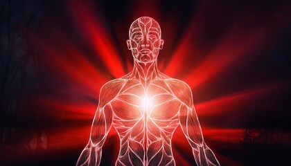 Mysterious Glowing Red Light Illuminating Human Body in Medical Artistic Concept on Travel Exploration of Inner Self