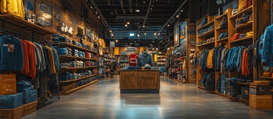 A Store Interior with Clothing Racks and Wooden Shelving