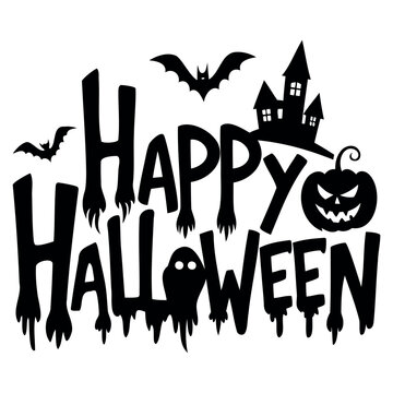 Happy Halloween typography horror text Design with bats, spiders, and pumpkin