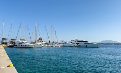 Sticker - Spetses island, Greece. Yachts and sailing boats anchored at marina