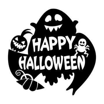 Happy Halloween typography horror text Design with bats, spiders, and pumpkin