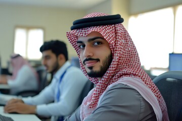 A young man wearing a traditional Middle Eastern headdress sits in an office setting.