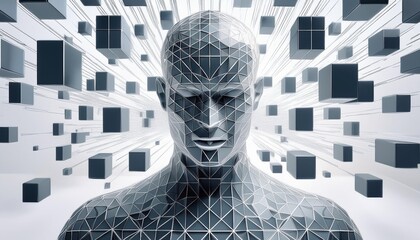 Wall Mural - 3D Rendering of a Man Surrounded by Geometric Cubes on a White Background, Abstract Conceptual Illustration of Modern Technology and Innovation